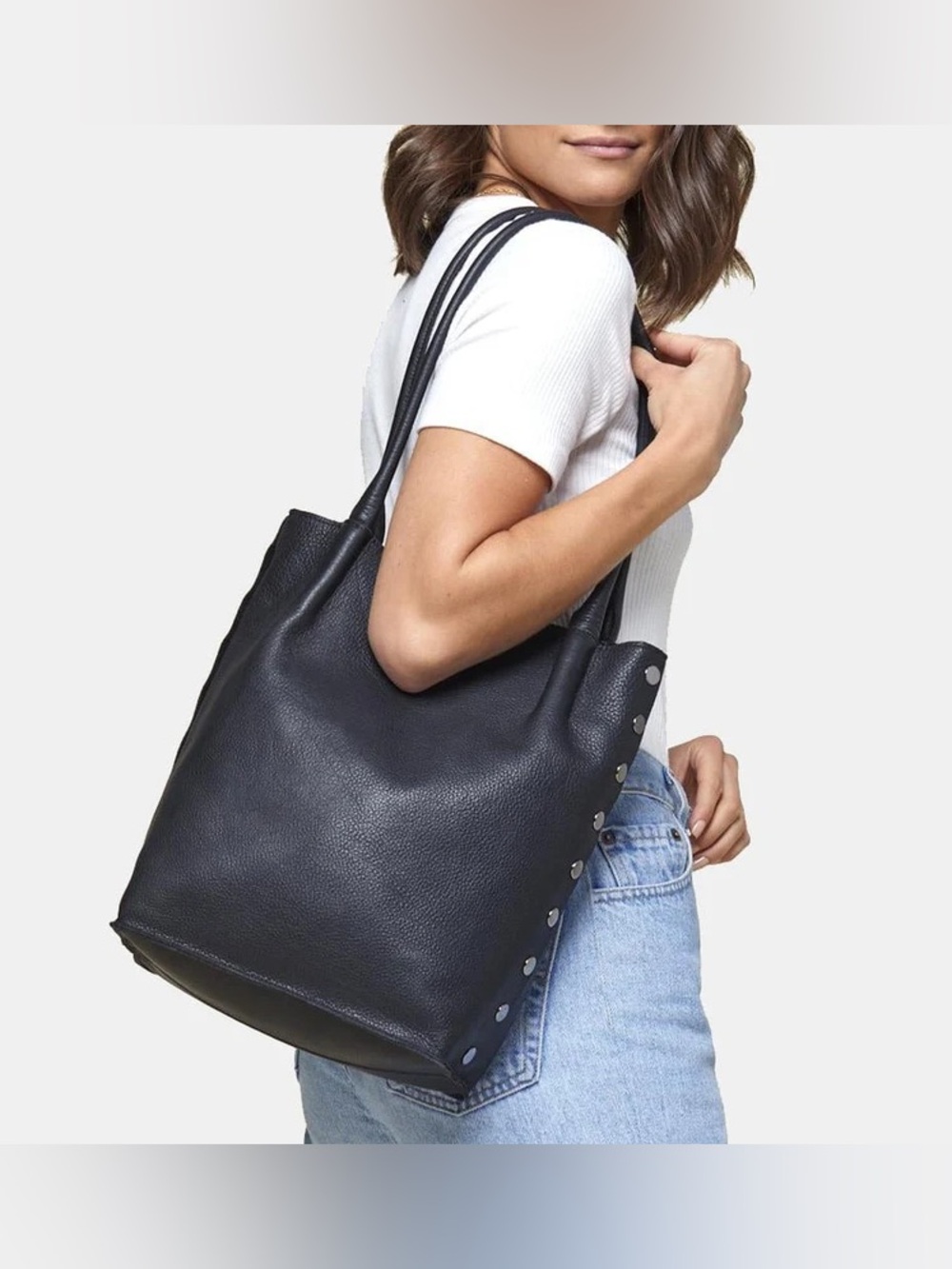 Hammitt Oliver Zip Tote in black pebbled leather with signature gunmetal rivet
